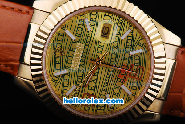 Rolex Datejust Automatic Gold Case with Yellow Dial-Leather Strap - Click Image to Close